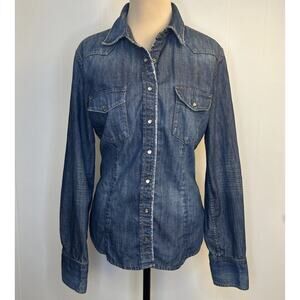 J Crew Denim Women’s Large Long Sleeve Shirt Blue Western Rodeo Snap Button